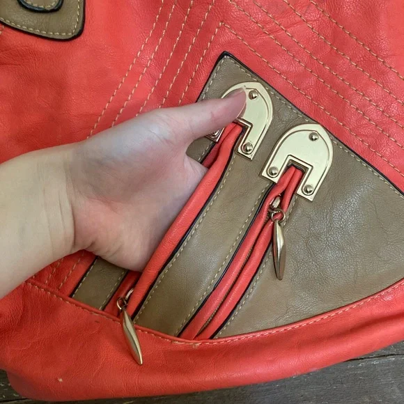 Coral & camel/tan, gold studded, purse. - Picture 2 of 14